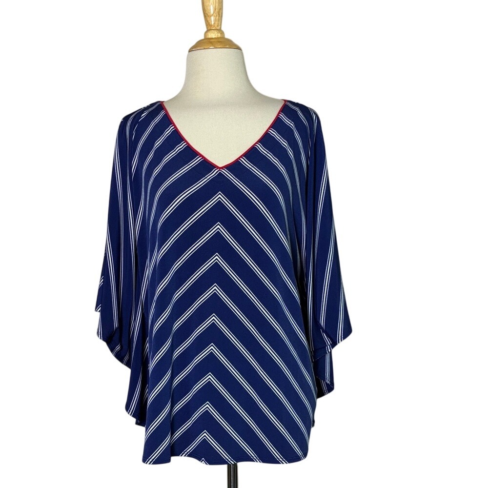 SUSAN‎ GRAVER Medium Liquid Knit Red White Blue Kimono Sleeve Tunic Top QVC